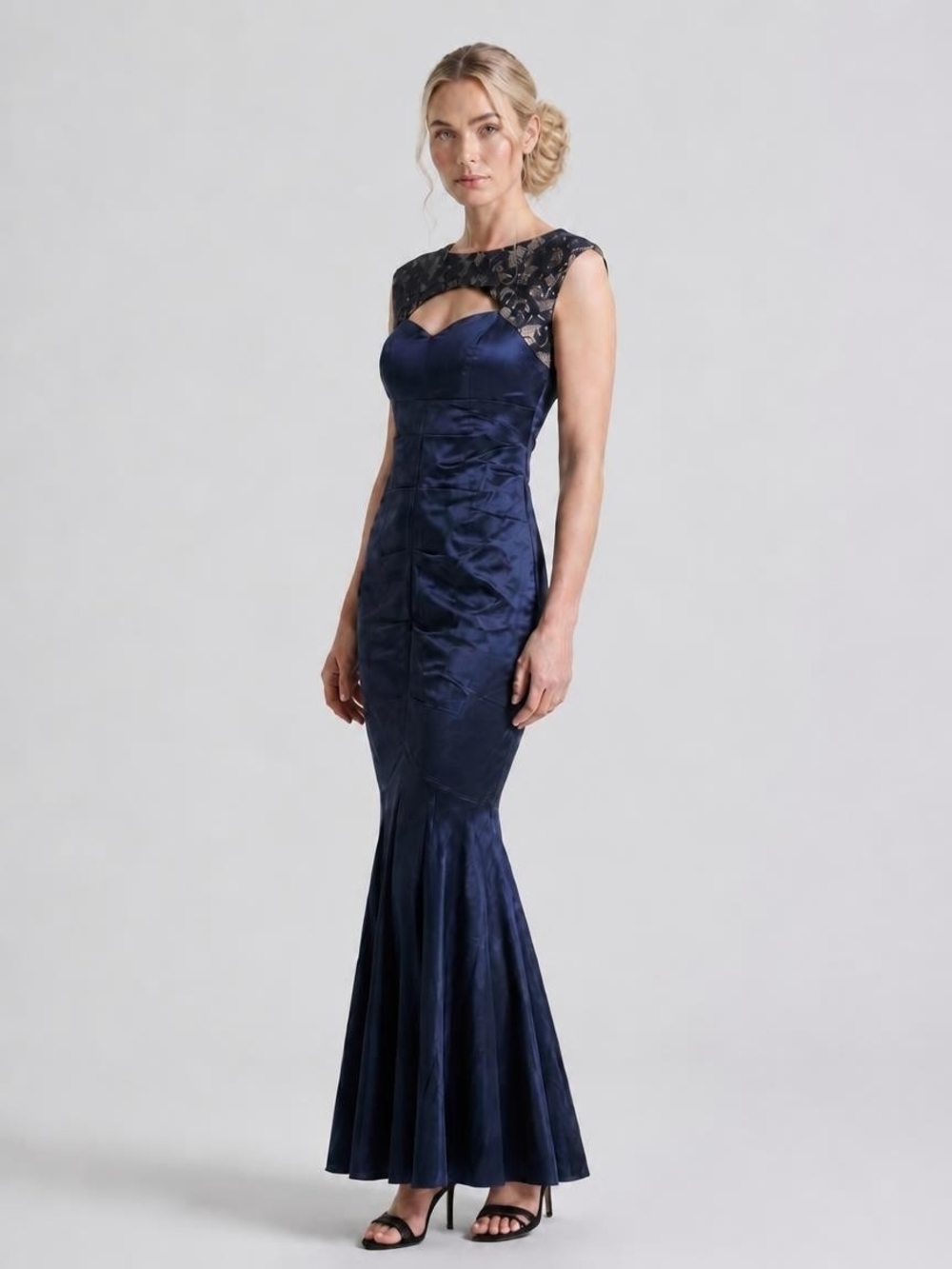 R&M Richards Navy Lace-Accent Mermaid Gown